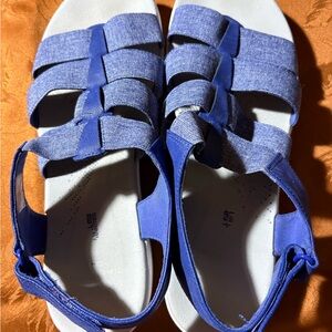 Clark’s blue strap low wedge sandals